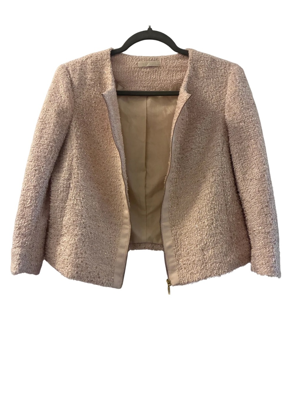*THRIFTED IN PARIS* Women's Bouclé Open Front Jacket in light beige/sequin